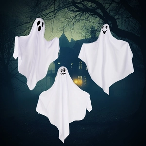 Three-piece hanging white fabric Halloween ghost decorations with spooky facial expressions