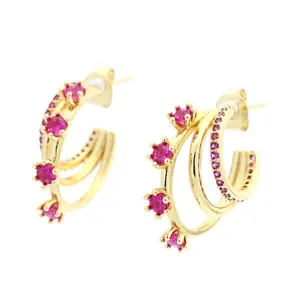 Three-layer C-shaped gold-plated hoop earrings with sparkling red zircon gemstones