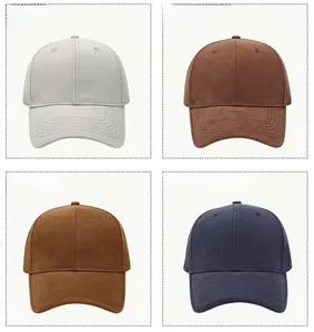 Collage of four baseball caps in grey, coffee, brown, and navy blue with suede texture