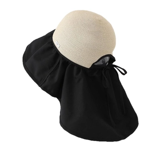 Women's wide brim straw sun hat with black neck cover and transparent face shield