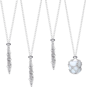 Detailed silver necklaces set featuring long tassels and crystal mesh wrap pendant