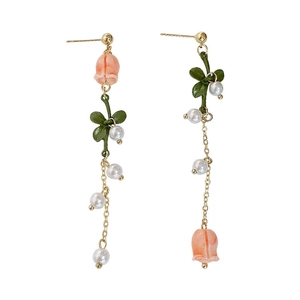Detail of Lily of the Valley drop earrings with pink buds, green leaves and pearls