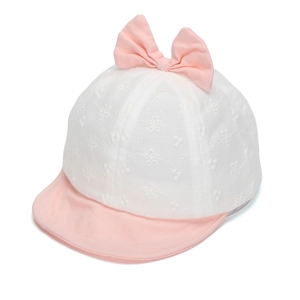 Close-up of baby girl lace sun hat showing white floral texture and pink bow detail