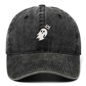 Vintage washed black baseball cap with crown ghost embroidery and wide curved brim