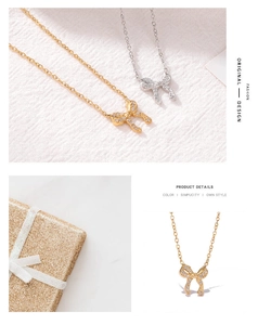 Detailed view of hollow bow pendant necklaces with zircon inlay in gold and silver