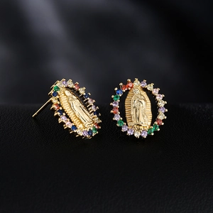 Religious Virgin of Guadalupe stud earrings in 18K gold finish with colorful zircon stones