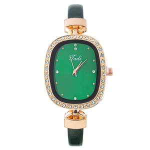 Fashionable green oval dial watch with rhinestones and green leather strap