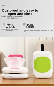Close-up of portable wet wipe box with silicone seal and hanging strap for travel