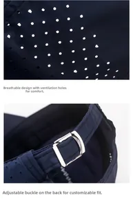 Detail of navy quick-dry sports cap showing breathable laser-cut holes and metal buckle