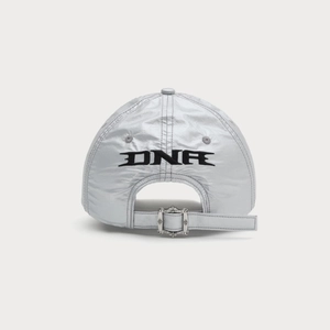 Close-up of lightweight silver baseball cap featuring black DNA embroidery and metal buckle