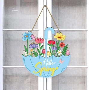 Spring welcome door sign featuring a blue flower umbrella with Hello Spring text