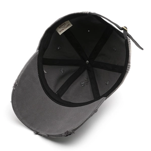 Distressed dark grey cotton baseball cap with vintage washed finish and adjustable metal buckle