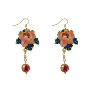 Rosa Emaille Blumenohrringe mit Kunstperlen und Vintage-Quastenhaken-Design