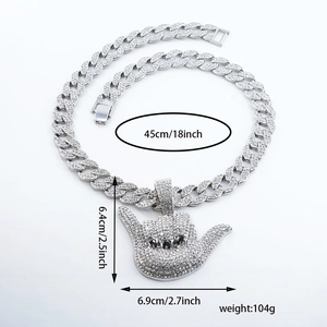 Men hip hop silver Cuban link necklace with iced out hand gesture pendant and black stones
