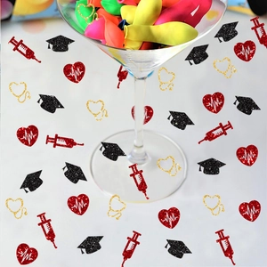 Nurse graduation party confetti with glitter syringes, caps, and stethoscopes for decor