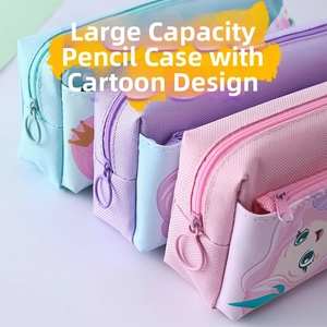 Detail of cute cartoon mermaid pencil cases in pink, purple and blue canvas material