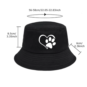 Fashionable black bucket hat with heart cat paw print and detailed size measurements