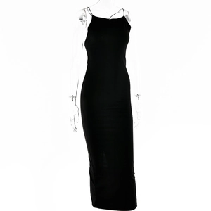 Detail of elegant black bodycon midi dress with thin spaghetti straps and slim fit design