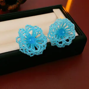 Handmade Crystal Beaded Flower Stud Earrings Sweet Elegant Floral Jewelry For Women With Silver Earring Post