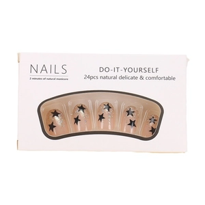 Short almond press-on nails with black stars and silver glitter in white retail box