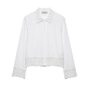 Chemise blanche à manches longues pour femmes avec dentelle au crochet et coupe décontractée