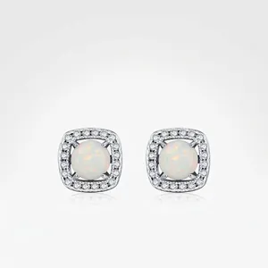 Square Halo Stud Earrings With 925 Sterling Silver Earring Post Round Opal And Zircon Chic Geometric Jewelry For Women