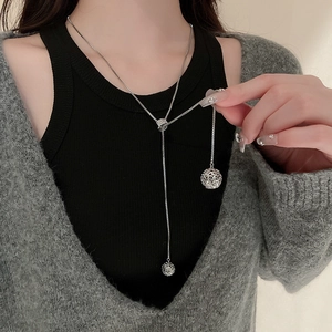 Stainless Steel Long Necklace With Adjustable Rhinestone Slide Buckle And Hollow Ball Pendants For Women Sweater Chain