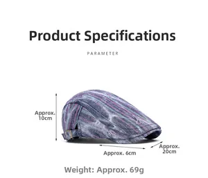 Detailed size parameters of graffiti striped beret with side buckle and fabric texture