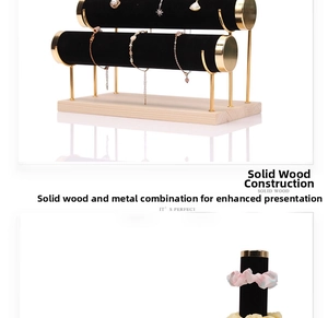 Detail of double-layer velvet jewelry stand with solid wood base and gold metal frame