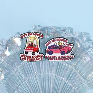 Creative enamel pins featuring characters in cars with witty mental health quotes