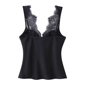 Chic black satin and lace lingerie top with adjustable straps and deep V-back design