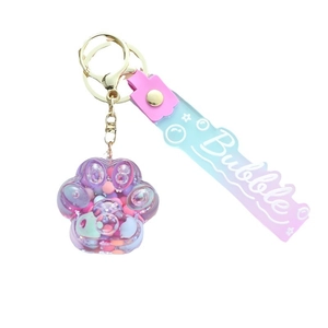 Porte-clés patte de chat mignon avec liquide flottant dégradé rose violet et sangle bulle