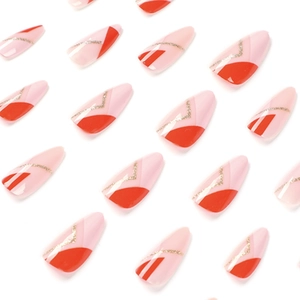 Pink and red geometric press-on nails with gold glitter line in long almond shape