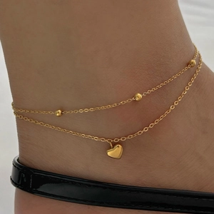 Double-layered golden stainless steel anklet with beads and heart pendant for women