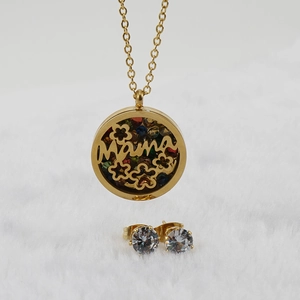 18K gold plated stainless steel Mama necklace and matching stud earrings jewelry set