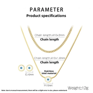 Detailed size specifications for gold evil eye jewelry set with necklaces and earrings
