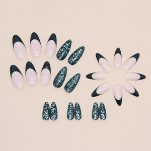 Faux ongles amande vert foncé style français pailleté en tailles assorties