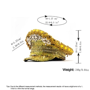 Detailed size chart for gold sequined captain hat with dimensions and weight info