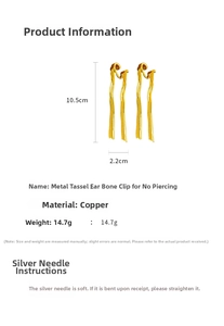 Detailed view of golden metallic long tassel ear cuff with dimensions 10.5cm by 2.2cm