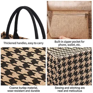 Retro houndstooth jute tote bag with thick handles and interior zipper pocket