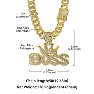 Hip hop gold plated BOSS crown pendant necklace with rhinestones and cuban chain