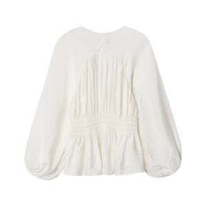 White long-sleeve women's pleated blouse with back elastic waist and lantern sleeves