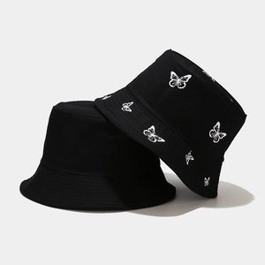 Butterfly Embroidery Reversible Bucket Hat Cotton Canvas Sun Protection Summer Outdoor Unisex Flat Top Wide Brim