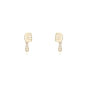 Gold comb-shaped stud earrings featuring small inset diamonds on a white background
