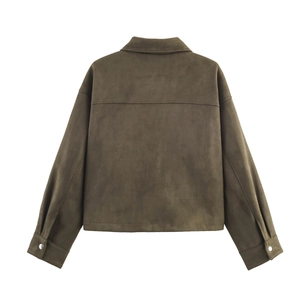 Back view of a dark olive green faux suede jacket with a lapel collar and long sleeves
