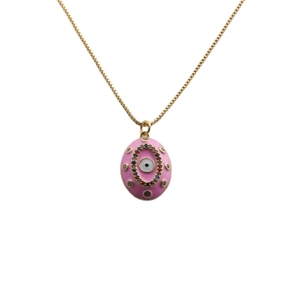 Detail of pink enamel evil eye pendant necklace with colorful zircon stones