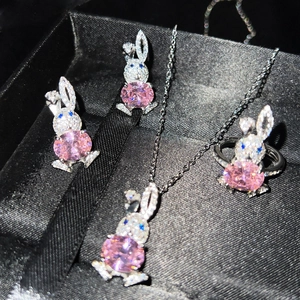 Cute Rabbit Jewelry Necklace Adjustable Ring Stud Earrings Copper White Gold Plated Pink Cubic Zirconia Micro Pave Animal