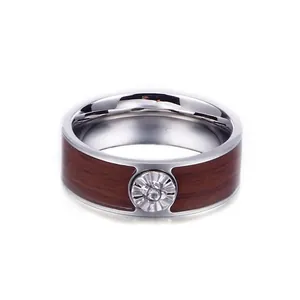 Men Stainless Steel Ring Wood Grain Inlay Round Zircon Vintage Industrial Style Band Casual Fashion Jewelry