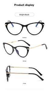 Three views of bright black cat-eye glasses frames with gold metal temples and blue light lens