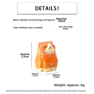 Detail view of hand-carved orange cat figurine in pine wood with size specifications